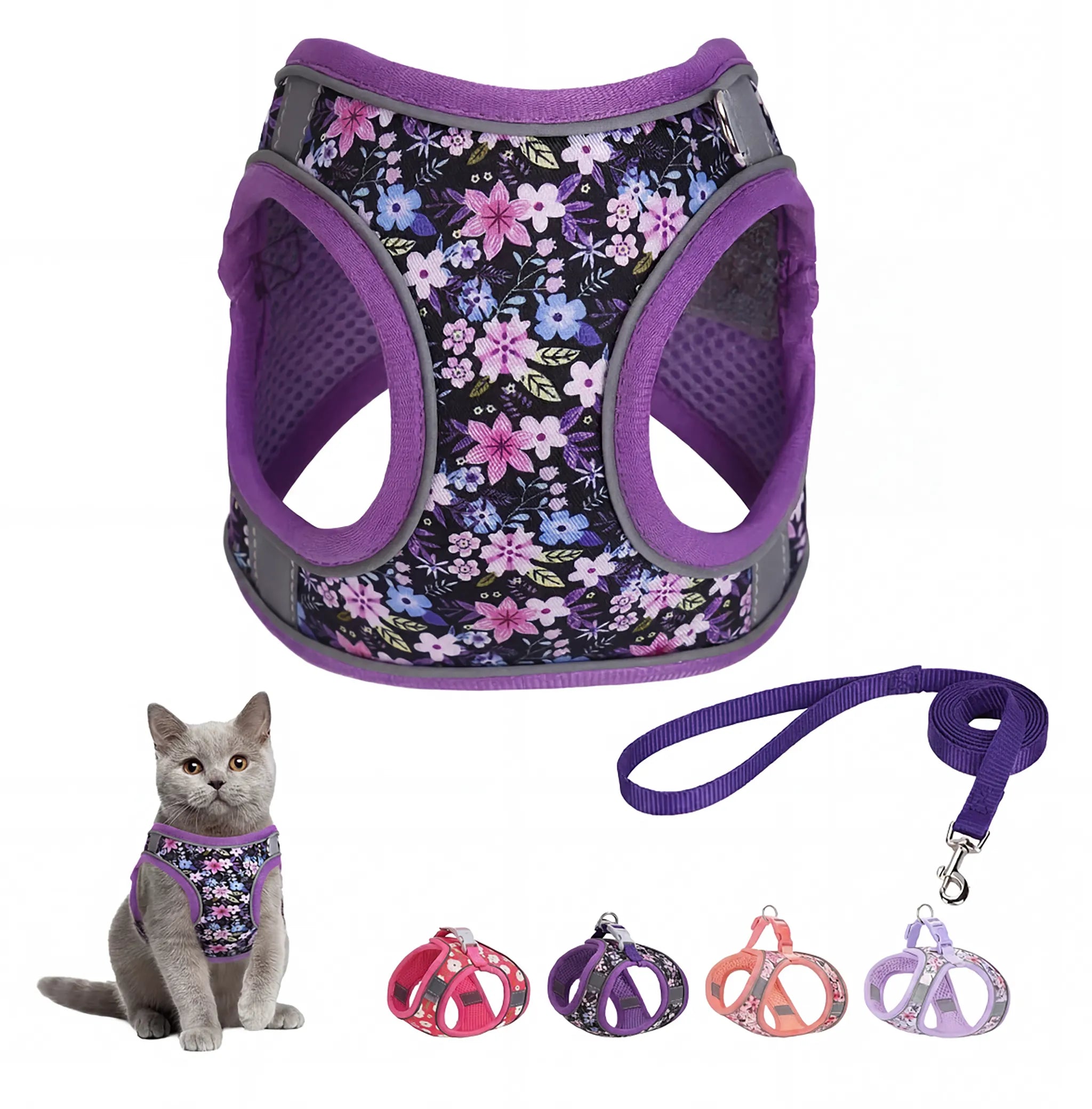 Escape Proof Cat Harness and Leash Set - Adjustable Soft Mesh Floral Vest with Reflective Strips, Breathable No-Choke Step-in Walking Harness for Small Cats Kittens, Purple