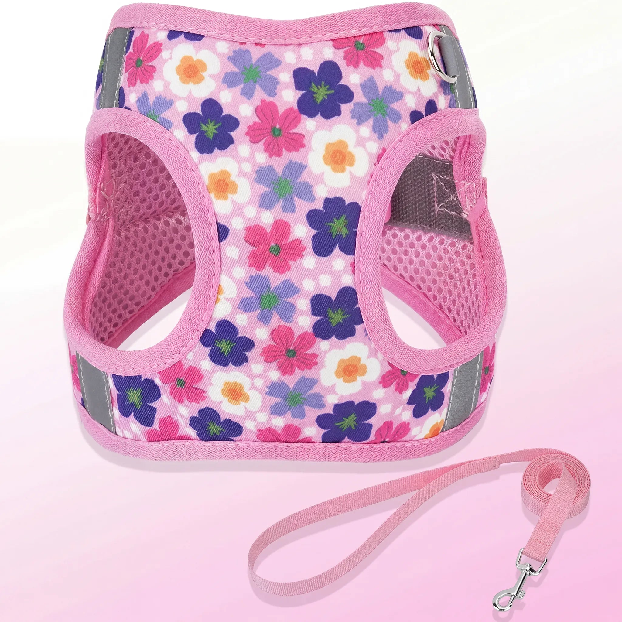 Escape Proof Cat Harness and Leash Set - Adjustable Soft Mesh Floral Vest with Reflective Strips, Breathable No-Choke Step-in Walking Harness for Small Cats Kittens, Purple