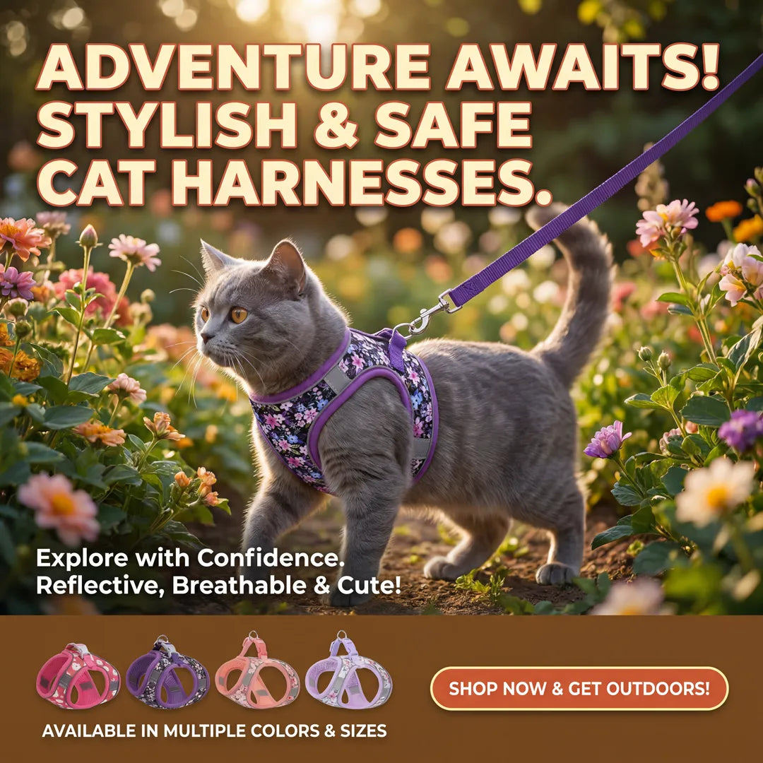 Escape Proof Cat Harness and Leash Set - Adjustable Soft Mesh Floral Vest with Reflective Strips, Breathable No-Choke Step-in Walking Harness for Small Cats Kittens, Purple