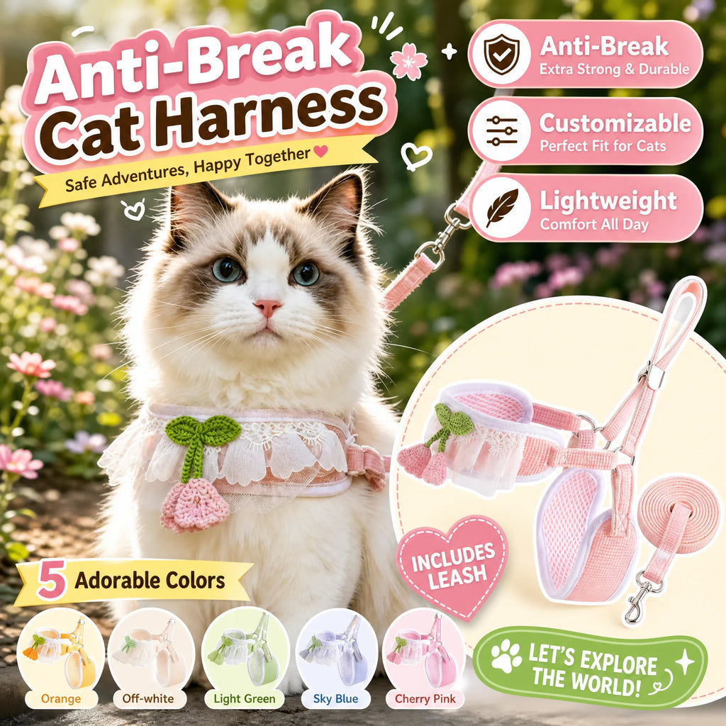 Adjustable Anti-Break Cat Harness & Leash Set - Lightweight Comfortable Vest with Cute Lace Design, Escape-Proof for Small Medium Cats, 5 Colors Available