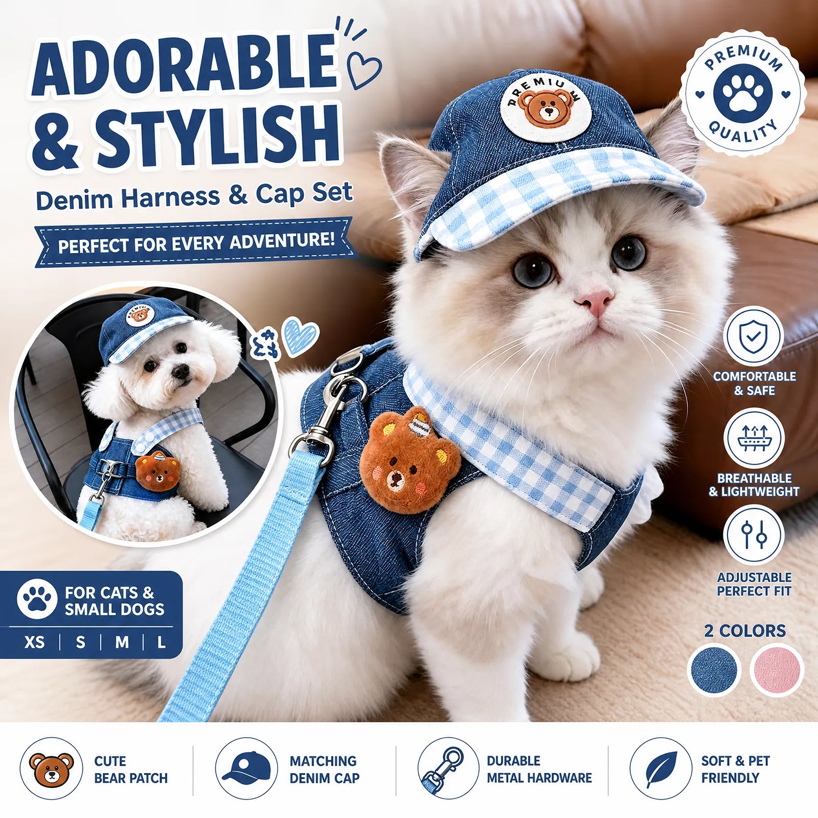 Denim Pet Harness & Cap Set - Cute Bear Design, Adjustable for Cats & Small Dogs