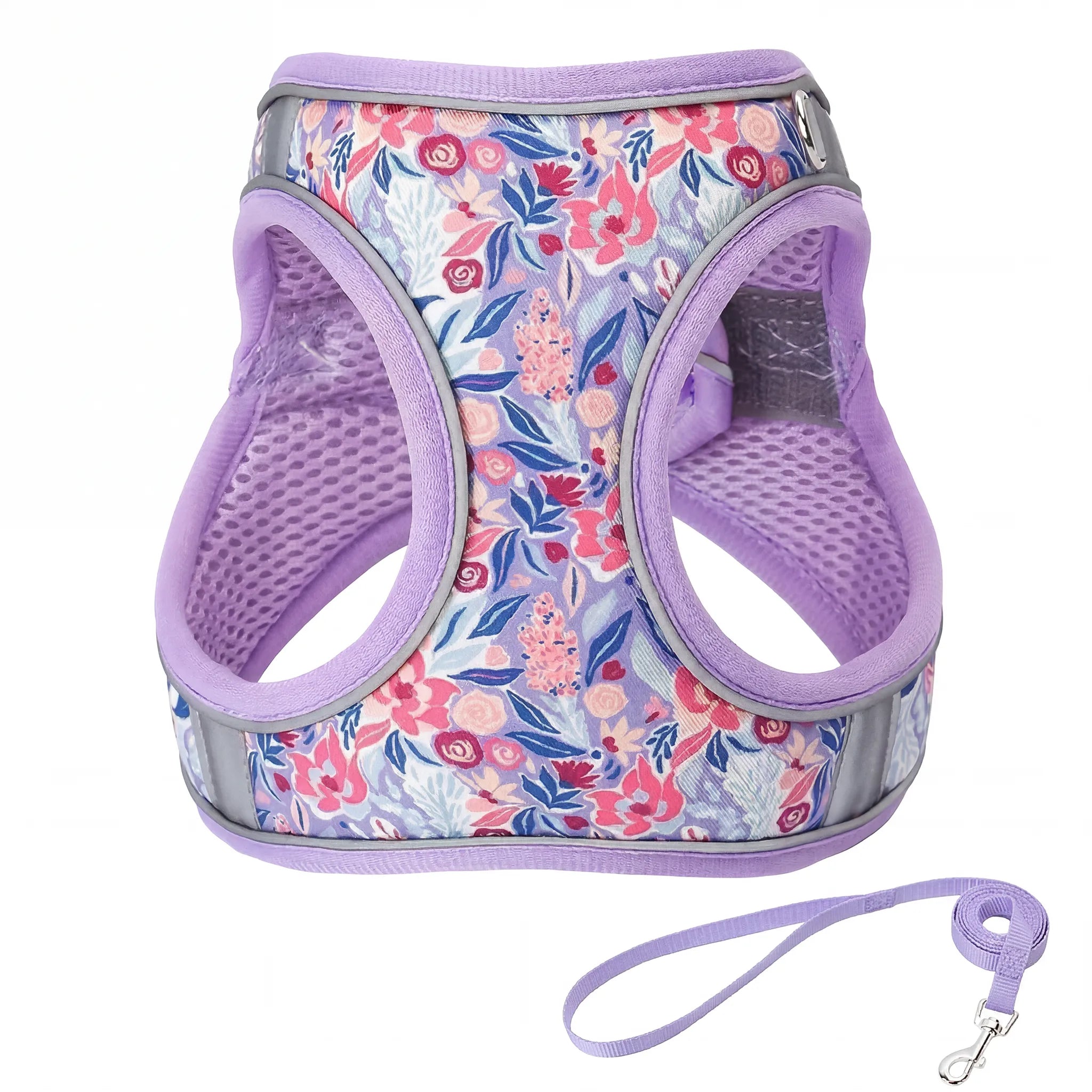 Escape Proof Cat Harness and Leash Set - Adjustable Soft Mesh Floral Vest with Reflective Strips, Breathable No-Choke Step-in Walking Harness for Small Cats Kittens, Purple