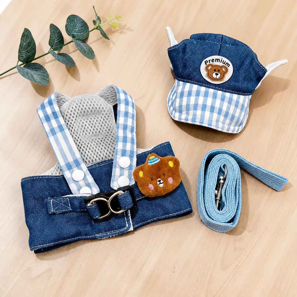 Denim Pet Harness & Cap Set - Cute Bear Design, Adjustable for Cats & Small Dogs