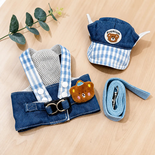 Denim Pet Harness & Cap Set - Cute Bear Design, Adjustable for Cats & Small Dogs