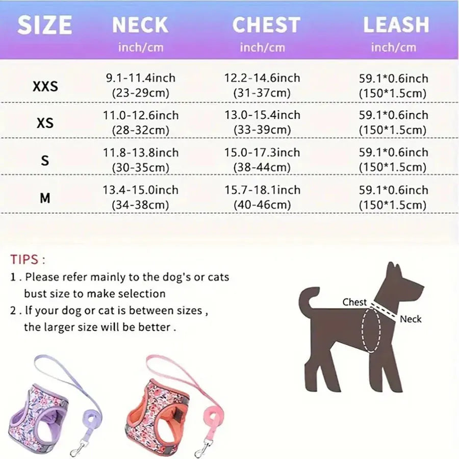Escape Proof Cat Harness and Leash Set - Adjustable Soft Mesh Floral Vest with Reflective Strips, Breathable No-Choke Step-in Walking Harness for Small Cats Kittens, Purple