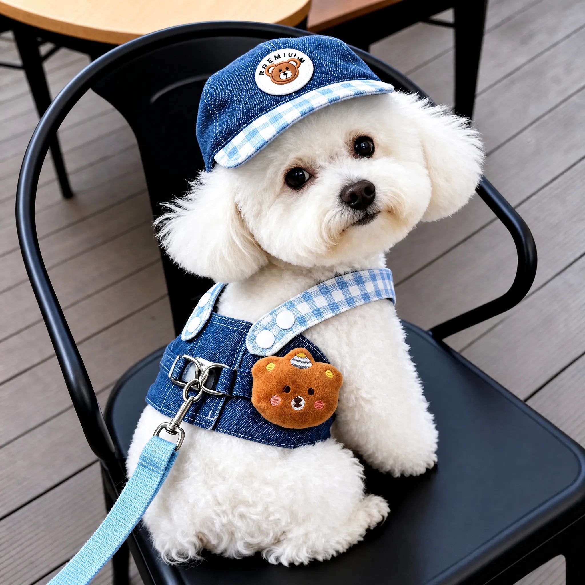 Denim Pet Harness & Cap Set - Cute Bear Design, Adjustable for Cats & Small Dogs