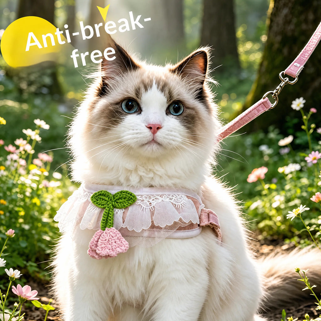 Adjustable Anti-Break Cat Harness & Leash Set - Lightweight Comfortable Vest with Cute Lace Design, Escape-Proof for Small Medium Cats, 5 Colors Available
