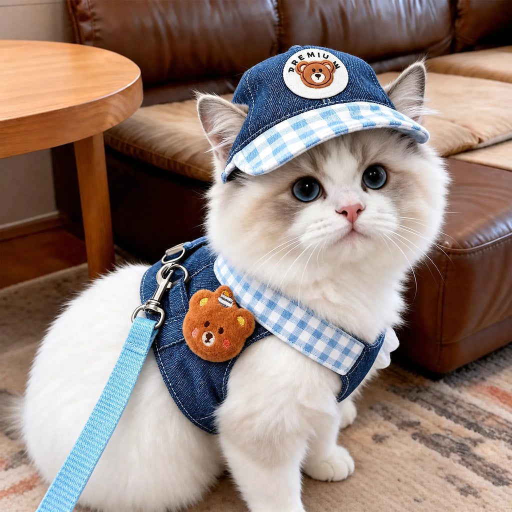 Denim Pet Harness & Cap Set - Cute Bear Design, Adjustable for Cats & Small Dogs