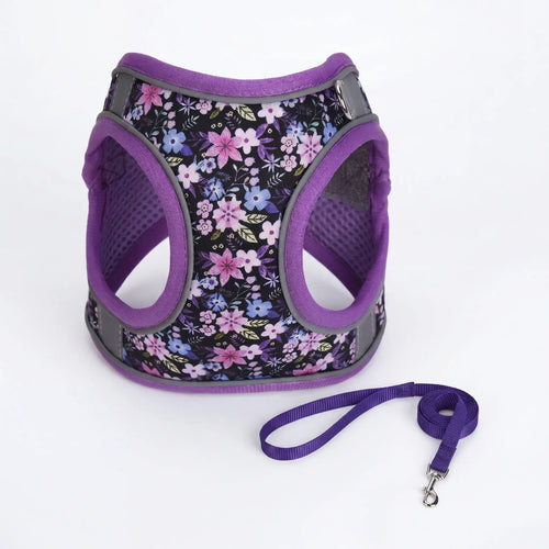 Escape Proof Cat Harness and Leash Set - Adjustable Soft Mesh Floral Vest with Reflective Strips, Breathable No-Choke Step-in Walking Harness for Small Cats Kittens, Purple
