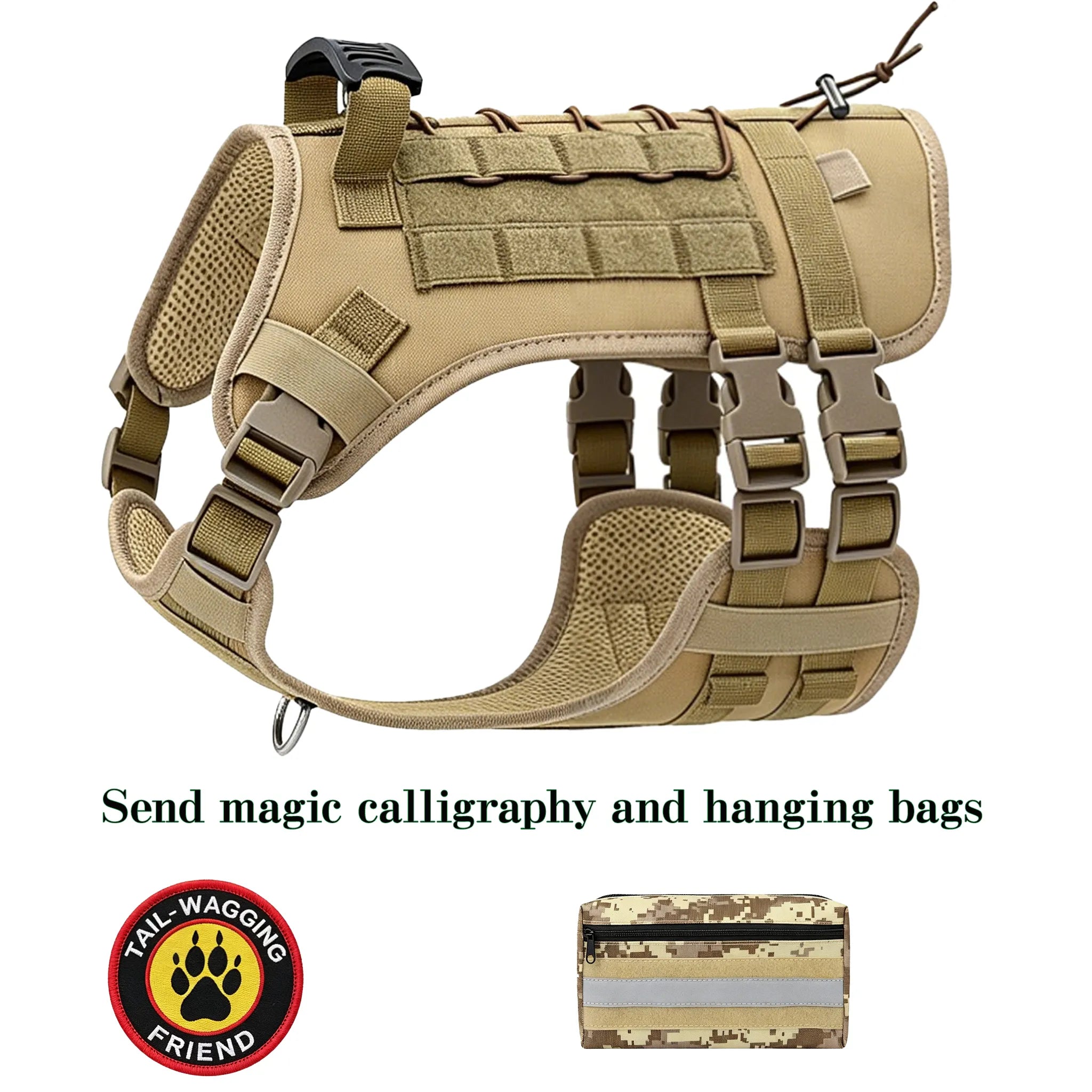 Multifunctional Tactical Dog Harness with MOLLE System, Heavy Duty Abrasion & Bite Resistant for Training & Adventure